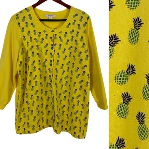 LIZ CLAIBORNE Cardigan Sweater Pineapple Novelty Print 3/4 Sleeve Sz XL